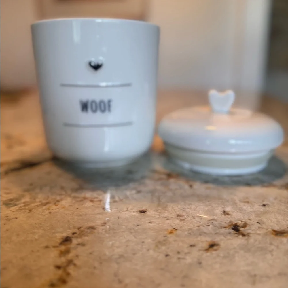 White Ceramic Dog Treat Jar with Heart Design